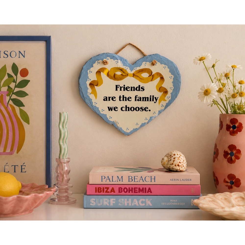 Vintage Heart Wall Art Plaque‎ Blue Gold Bow Friends Quote Cottagecore Farmhouse